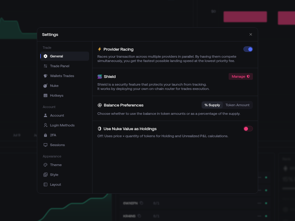 General trade settings in Proxima